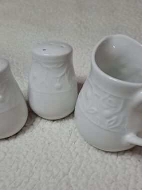 White Ceramic Salt and Pepper Shaker and Creamer Set - Elegant Floral Design